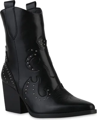 Produktbild von VAN HILL Damen Cowboy Boots Stiefeletten Spitze Nieten Schuhe 841608, Farbe: Schwarz, Größe: 37