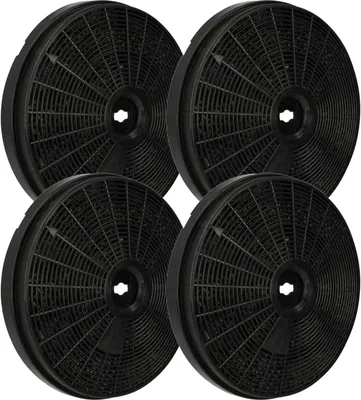 Four round, black charcoal filters for a kitchen range hood, arranged in a slightly overlapping grid.