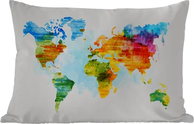 Produktbild von MuchoWow® Outdoor Kissen - Weltkarte - Aquarell - Regenbogen - Kinder - Jungen - Mädchen - 50x30 cm - Wetterfest - Lounge Kissen - Sofa kissen - Wohnzimmer Dekoration