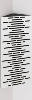 A white acoustic bass trap with black horizontal slots is mounted in a corner of a room.