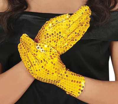 Productafbeelding van Paillettenhandschoenen, glanzend, voor carnaval, feest, zwart, gouden accenten, perfect voor een elegante verschijning, carnaval, kostuumaccessoire, glamour. Kleur: goud