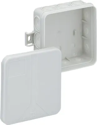 A white plastic junction box with its lid open, shown against a white background.