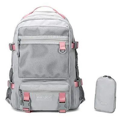 Produktbild von Schulrucksack mit Federmäppchen für Jugendliche, Grau/Rosa, 30x19x46cm
