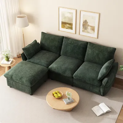 Produktbild von MODFU L-förmiges Ecksofa aus Chenille,Modulares Relaxsofa,3-Sitzer-Sofa mit Hocker und Kissen,Moderner Loungesofa,Dunkelgrün