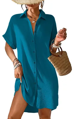 Productafbeelding van Tanmolo dames strandjurk, zomer, strandtuniek, omslagdoek, turquoise - maat XXL