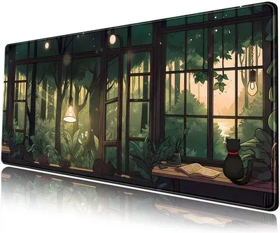 Immagine prodotto di Tappetino per scrivania Unyqoos® 80 x 30 cm – Tappetino per mouse da gaming XL con motivi di piante verdi e un gatto nero, superficie in Spandex, base in gomma antiscivolo