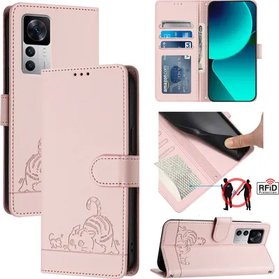Produktbild von Leder Hülle für Xiaomi 12T / 12T Pro /Redmi K50 Ultra Süße Katze Flip Case Brieftasche Schutzhülle mit Standfunktion Pink