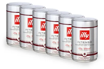Produktbild von illy Espresso Intenso Kaffeebohnen 1,5kg Vorratspack – 6x 250g, Dunkle Röstung, 100% Arabica, intensiv und vollmundig mit Noten von Kakao und Obst