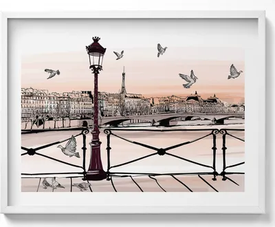 Produktbild von Sonnenuntergang über der Seine– Wandbild mit Rahmen – Gerahmtes Bild  – Wanddekoration – 80x60 cm –  Weiß Rahmen
