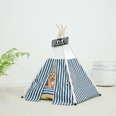 Zdjęcie produktu dla Namiot dla zwierząt Unyqoos® w stylu tipi, 50x50x60 cm – namiot dla psa i kota z grubą, zdejmowaną poduszką bawełnianą, wykonany w 100% z bawełny, z drewnianymi słupkami sosnowymi, wykończony od wewnątrz i na zewnątrz