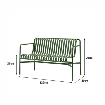 A dark green metal bench with dimensions indicated by measurement lines and text.