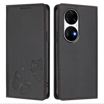 Image de Étui en cuir pour Huawei P50 Pro, motif papillon, étui à rabat avec porte-appareil, noir