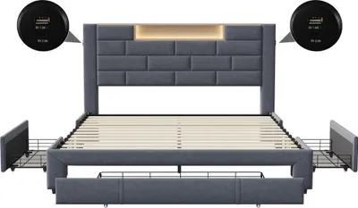 Produktbild von CDGlobal Polsterbett 160x200cm mit USB und Steckdosen, Jugendbett Doppelbett mit 3 Schubladen, Stauraumbett Massivholzbett mit LED/Typ C und Lattenrost, Leinen, Grau