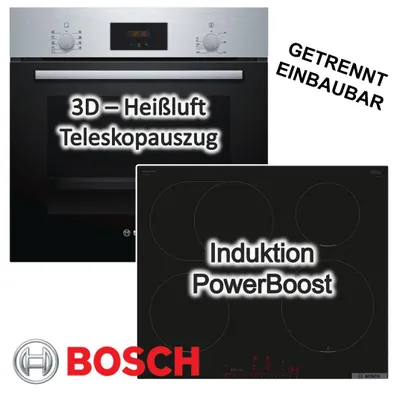 Produktbild von Herdset BOSCH Backofen Teleskopauszug 3D-Heißluft + Induktionskochfeld Booster autark 60 cm