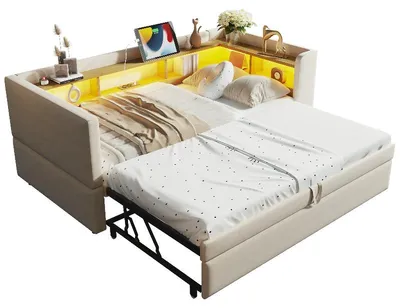 Obrázek produktu pro Rozkládací pohovka s úložným prostorem, rozměry 90/180x190 cm, barva béžová, s LED osvětlením, zásuvkami a úložnými přihrádkami, vhodná do ložnice