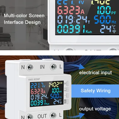 Zdjęcie produktu dla miernik mocy 8w1 Kolorowy ekran 2P Wielofunkcyjny miernik energii AC 170-270V/63A Miernik napięcia i prądu Standardowy montaż na szynie