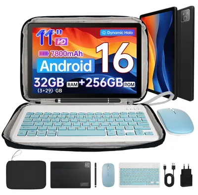 Produktbild von Tablet 11 Zoll, Android 16, 32(3+29)GB RAM, 256 GB, HD 1280x800, Gesichtserkennung, WiFi 6, mit tastatur, stift, maus und tasche
