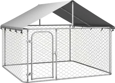 A metal dog kennel with a fabric roof.