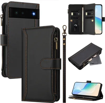 Image de Étui pour Google Pixel 6, zippé, étui portefeuille en cuirPolyuréthaneà rabat avec poches pour cartes, support et boucle pour les mains noir