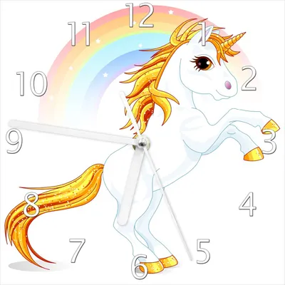 Produktbild von Wallario Design Wanduhr Weißes Einhorn vor einem Regenbogen aus Echtglas, Größe 20 x 20 cm