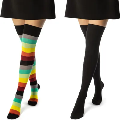 Produktbild von 2 Paar Overknee Strümpfe Damen Kniestrümpfe Baumwolle Ringel & Uni 10723 -  Schwarz/Bunt geringelt 35-38