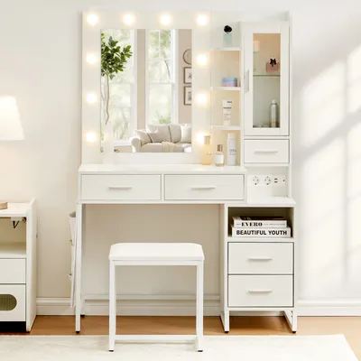 Image de CLIPOP 100x40x150cm Coiffeuse, 5 tiroirs, avec station de charge, Lampe LED incluse