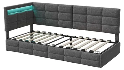 Produktbild von Einzelbett 90x200 cm - Schubladenbett - Kunstleder gepolstert, LED-Beleuchtung, USB-Ladeanschluss, hydraulische Hebemechanik, Stauraum - Grau