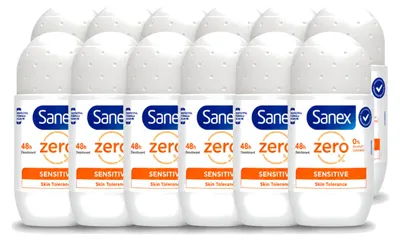 Imagen del producto de 12 unidades de desodorante roll-on Sanex Zero% Sensitive, sin alcohol ni parabenos, 50 ml. Paquete económico
