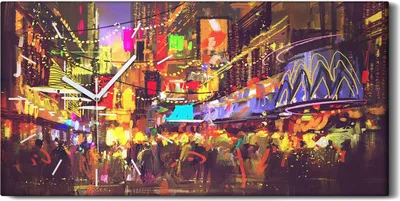 Produktbild von Dekor Leinwand Uhr Wandbilder 60x30 Malerei Stadt Asien Menschen Nacht Kunst - weiße Hände