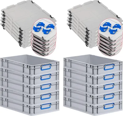 Produktbild von SparSet 10x Eurobox NextGen Color mit Auflagedeckel und Schiebeschnappverschlüsse | HxBxT 12x40x60cm | 23 Liter | Grau | Griffe blau geschlossen | Glatter Boden | Eurobehälter, Transportbox, Transportbehälter, Stapelbehälter