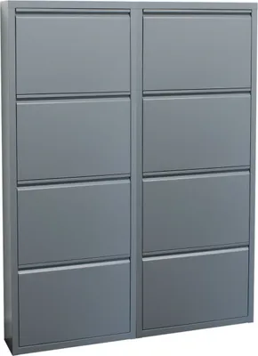 Produktbild von Pisa Schuhschrank mit 8 Klappen/Türen in Metall grau. Fertig montiert geliefert.