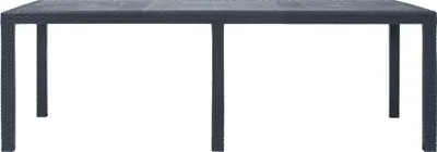 A dark gray rectangular table with four legs, shown from the front against a white background.