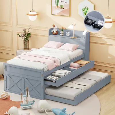 Produktbild von Flieks Jugendbett 90x190cm mit USB, Tagesbett Massivholzbett mit Ausziehbett, Einzelbett mit Lattenrost und 2 Schubladen, Klassisches Bett, Grau