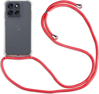 A smartphone in a clear case with a red lanyard attached.