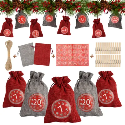 Immagine prodotto di Calendario dell'Avvento Eikuavons, confezione da 24 sacchetti con numeri, sacchetti in tessuto riutilizzabili, ideali per essere riempiti e appesi