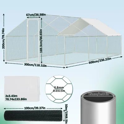 Obrázek produktu pro Bettizia 3x6x2m kurník pro slepice pozinkovaná klec pro králíky klec pro drůbež PE - stínící střecha, pozinkovaný ocelový rám, vnější plot Používá se pro slepice, drůbežárny, malá zvířata
