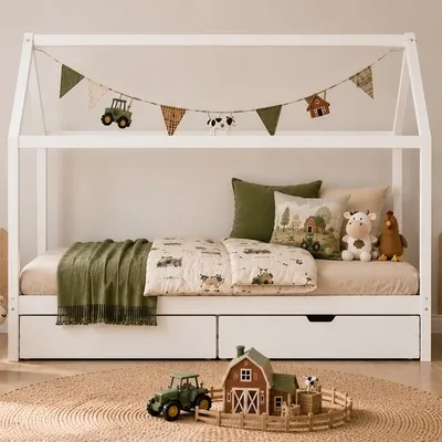 Produktbild von Homestyle4u Kinderbett 90x200 mit Lattenrost mit Bettkasten 2er Set Strauraum Schublade Hausbett Weiß