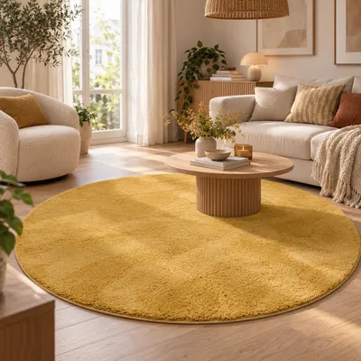 Produktbild von Hochflor Shaggy Teppich Palace Curry Rund, Größe:100 cm Rund