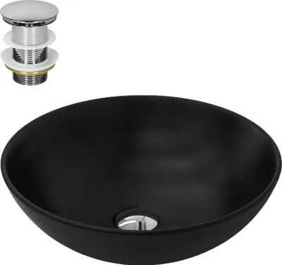 Obrázek produktu pro LuxeBath umyvadlo Umyvadlo na desku kulaté, Ø 40x14,5 cm, černé matné, z keramiky, včetně odtokové soupravy bez přepadu