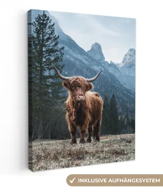 Produktbild von MuchoWow® - Leinwandbilder - Schottische Highlander - Berg - Landschaft - Bäume - Kuh - Natur, Wandbild, Wanddeko Bilder Wohnzimmer, 90x120 cm