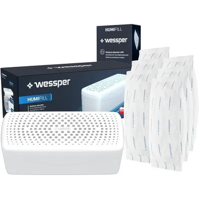Obrázek produktu pro Odvlhčovač vzduchu Wessper + 6x 500 g granulátu HUMIFILL – odvlhčovač místností proti vlhkosti, plísním a zápachům