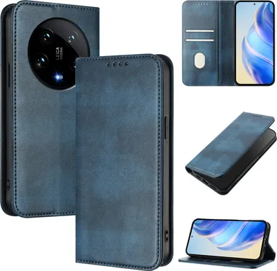 Immagine prodotto di Custodia per Xiaomi 14 Ultra, custodia in pelle vintage con protezione RFID, slot per carte, supporto Blu