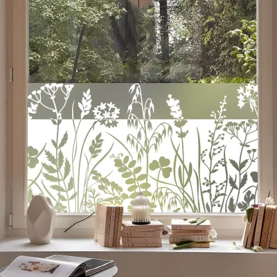 Productafbeelding van Lichtdichte raamfolie met een wit, reliëfachtig plantenmotief, 44,5 x 200 cm, zelfklevend voor ramen
