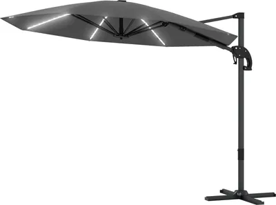 Zdjęcie produktu dla Parasol aluminiowy LED Solar Średnica 300 cm Parasol z regulacją wysokości i stojakiem z korbą Wodoodporny UV50+ Obrotowy 360° Parasol targowy Odchylany parasol ogrodowy Ochrona przeciwsłoneczna na balkon ogrodowy Ciemnoszary |
