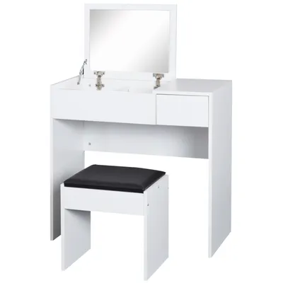 Produktbild von HOMCOM Make-up-Schminktisch mit Hocker, Make-up-Tisch mit Spiegel-Klappplatte und Aufbewahrungsboxen, 80 x 40 x 79 cm und 40 x 30 x 44 cm, Weiß