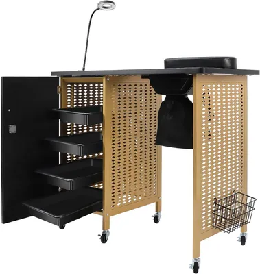 Image de Table de manucure mobile - Poste de travail pour ongles - Matériel de stylisme ongulaire - Avec aspiration - 4 tiroirs - Noir et or