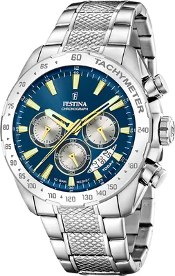 A close-up studio shot of a men's chronograph watch with a blue dial and silver band.