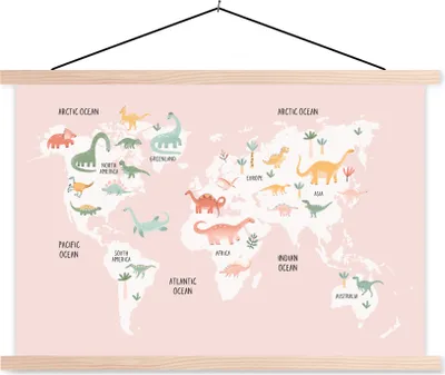 Produktbild von MuchoWow® Textilposter Weltkarte - Kinder - Dinosaurier 120x80 cm mit holzfarbenen Rahmen - Aufhängeset