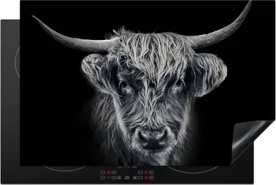 Produktbild von KitchenYeah© Herdabdeckplatte Schottischer Highlander - Schwarz - Kuh - Tiere , 81x52cm, Küche Deko, Glaskeramikkochfeld Herdabdeckung, Abdeckplatte fùr Kochfeld
