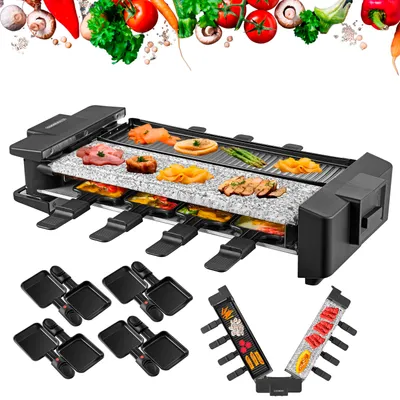 Produktbild von Steinborg Raclette Grill Raclette Party Grill für 8 Personen Grillflächen sind teilbar und um 180° rotierbar Mit kombinierter Grillfläche Naturgrillstein und Grillplatte 1.500 Watt Antihaftbeschichtet und spülmaschinengeeignet
